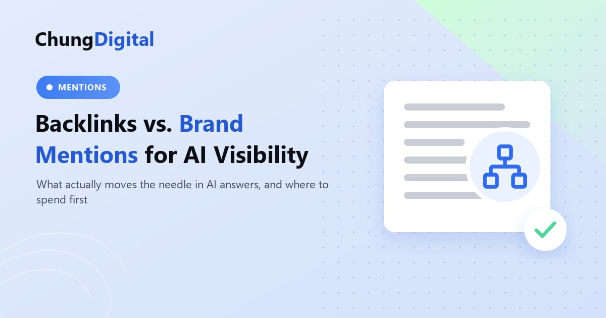 Illustration contrasting a hyperlink chain between websites with a brand name highlighted across several articles and an AI answer