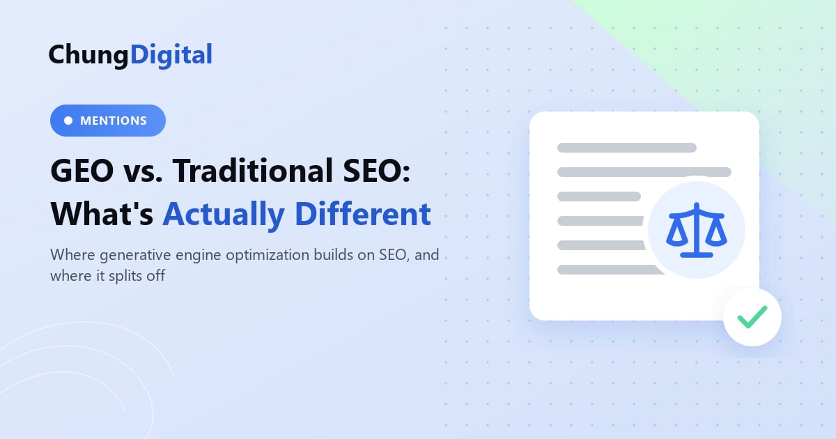 Side by side illustration of a ranked search results page and an AI generated answer naming a SaaS brand, comparing GEO with traditional SEO