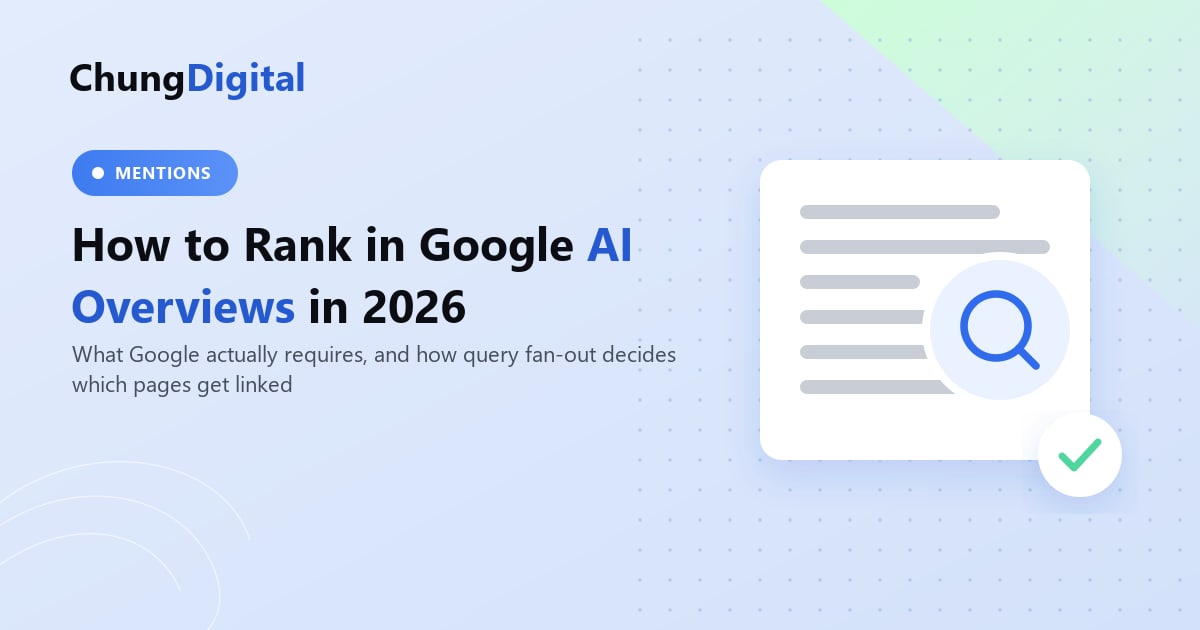 Illustration of a Google AI Overview answer with supporting source links above search results, Chung Digital blog