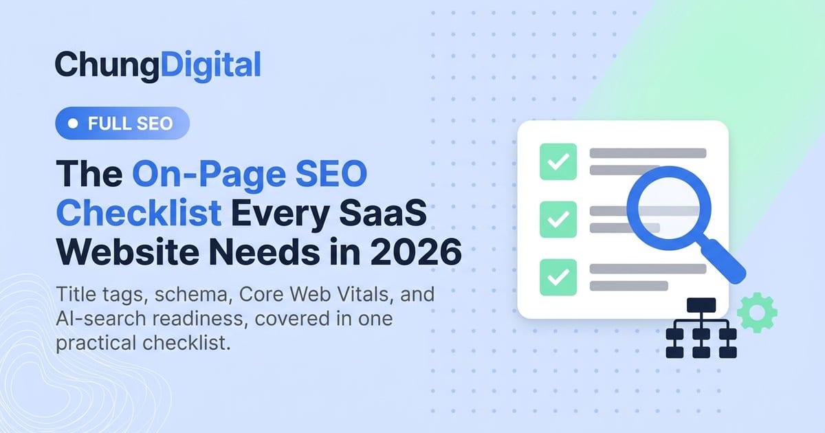 On-page SEO checklist for SaaS websites, with checklist items being reviewed under a magnifying glass