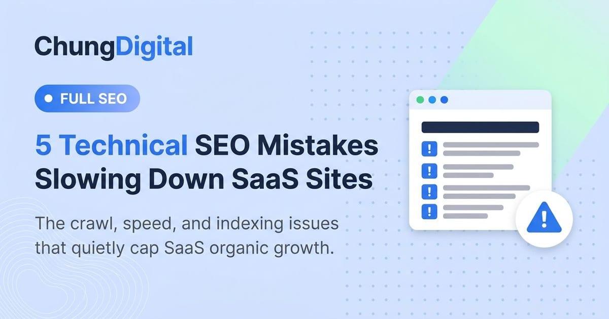 Illustration of a technical SEO audit flagging common mistakes on a SaaS website