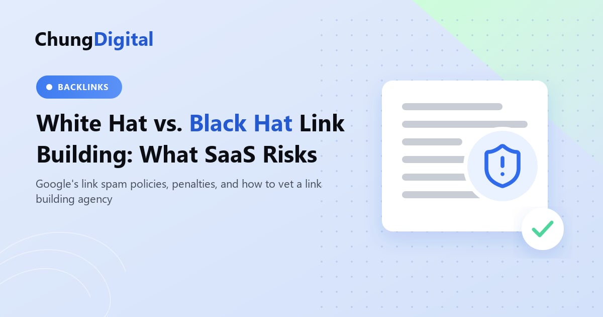 Illustration contrasting white hat and black hat link building risks for SaaS companies, Chung Digital blog